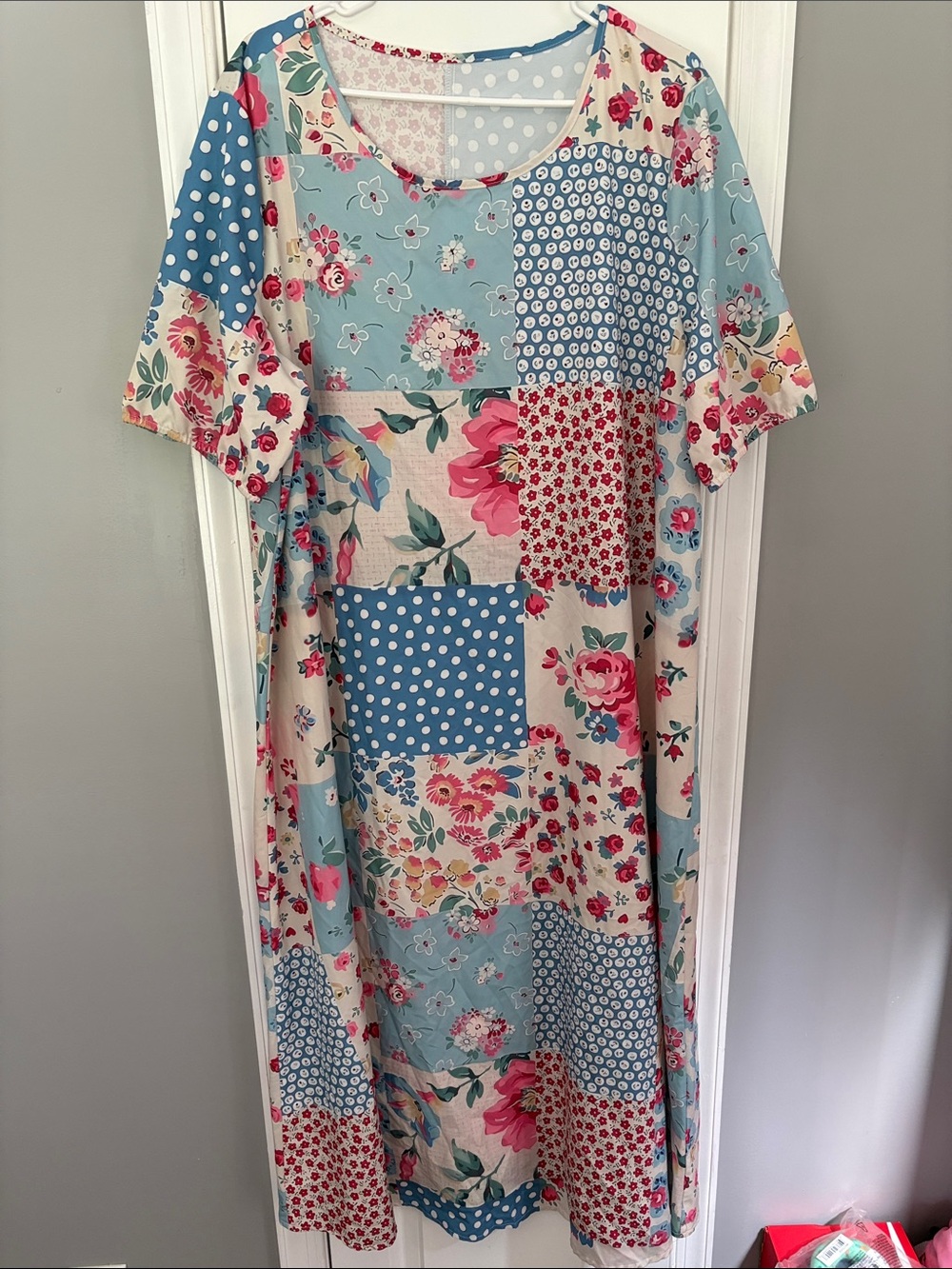SHEIN Blue and Pink Patchwork Floral Maxi Dress